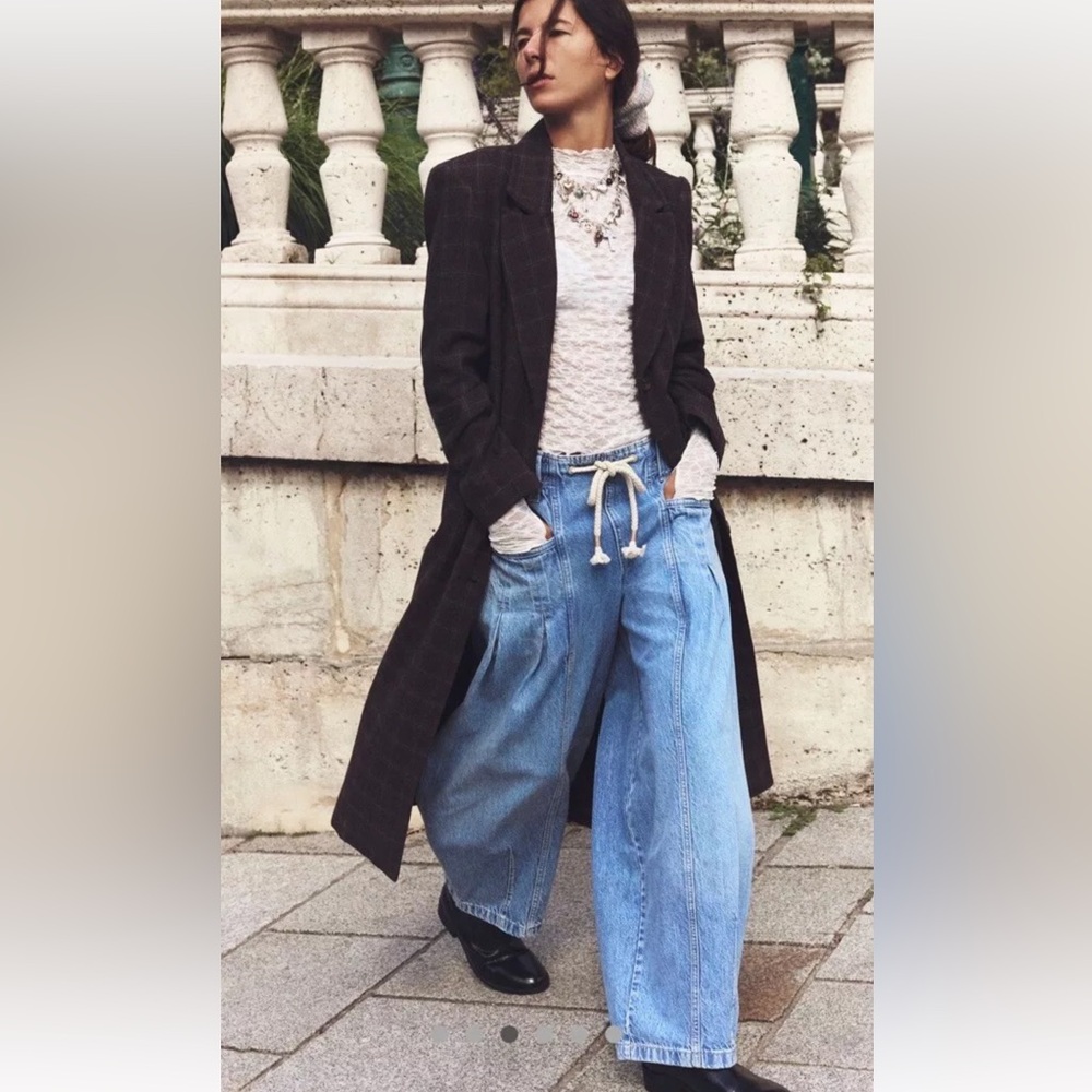 Free People Margo Barrel Pull On Jeans We The Free Rope Tie Bergamot Blue - Picture 3 of 7